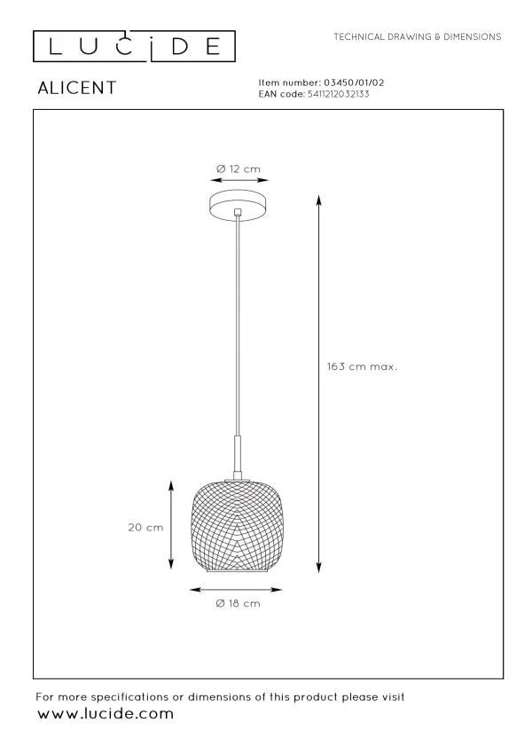 Lucide ALICENT - Suspension - Ø 18 cm - 1xE27 - Or Mat / Laiton - technique